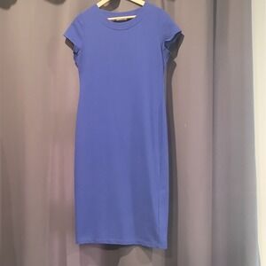 Makadamia Women's Blue Solid Round Neck Short Sleeve Midi Dress Size 42